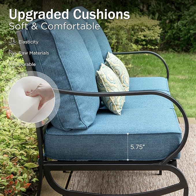 PHI VILLA 6 Piece Patio Furniture Sets with 1 x 3-Seat Deep Seating Bench, 2 x Cushioned Swivel Sofa Chairs, 1 x Coffee Table & 2 Ottoman, Outdoor Metal Conversation Set for Lawn Garden, Navy Blue
