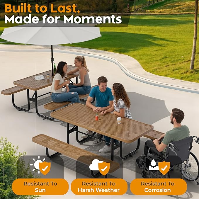 Commercial Heavy-Duty Metal Picnic Table - ADA Compliant, Adjustable Seats, Umbrella Hole (Brown, 6' Rectangular, Punched Steel)