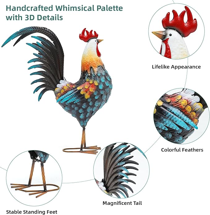 Ultym 32in Metal Rooster Decor, Outdoor Garden Statues, Metal Chicken Sculpture for Backyard Patio Garden Kitchen Décor