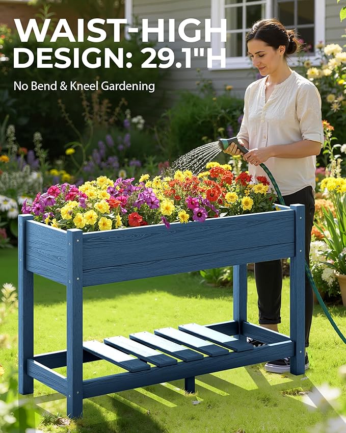 SERWALL Raised Garden Bed, HDPE Raised Bed for Gardening All Weather Use- Blue