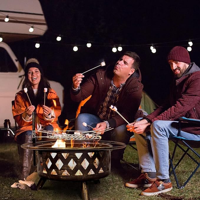 Amopatio Outdoor Fire Pit with Mat & Cover, 30 Inch Large Wood Burning Fire Pits, Patio Backyard Firepit with Steel BBQ Grill Cooking Grate, Spark Screen & Poker for Garden, Bonfire, Camping, Picnic