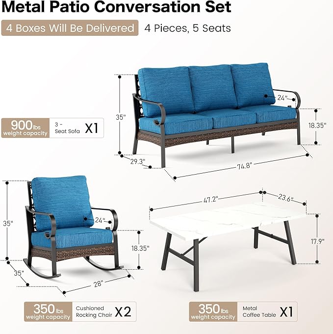 SUNSHINE VALLEY 4 PCS Metal Outdoor Patio Furniture Set, Patio Conversation Sets 1 3-seater Sofa, 2 Rocking Chairs with 5.75" Extra Thick Cushion & Coffee Table, Black Frame Backyard Furniture, Blue-2