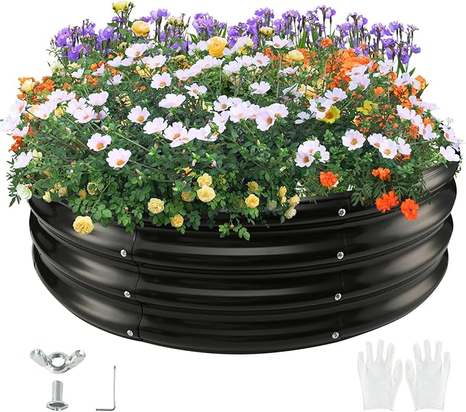 60" Round Galvanized Steel Fire Ring Pit for Backyard,Camping,Bonfire; Round Steel Raised Garden Bed Kit,Metal Raised Garden Box for Outdoor Gardening and Planting (5x5x1FT)