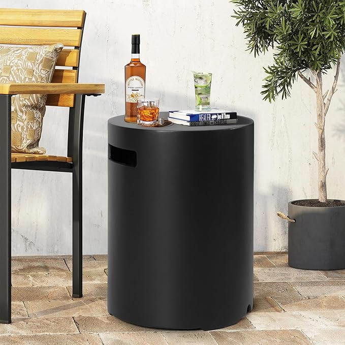 Propane Tank Cover Table Round, Outdoor Tank Covers Propane Storage Box 20 LB Modern Cover Tables with Side Handle, Concrete Hideaway Holder for Patio Backyard Deck (Black)
