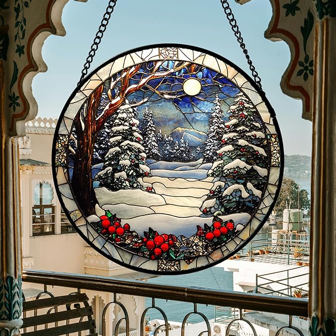 DASTOLL Stained Glass Window Hanging Christmas Tree Winter Snow Night Scenery 6.3" - Suncatcher Door Garden Kitchen Sun Catcher Home Decor Birthday for Mom Men Woman Friend