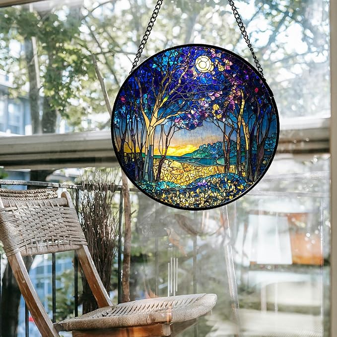 QZQCBLC Stained Glass Window Hanging Blue Purple Forest Trees Landscape Moon 9.8" - Suncatcher Door Garden Sun Catcher Home Decor Birthday Christmas for Mom Men Woman Nana