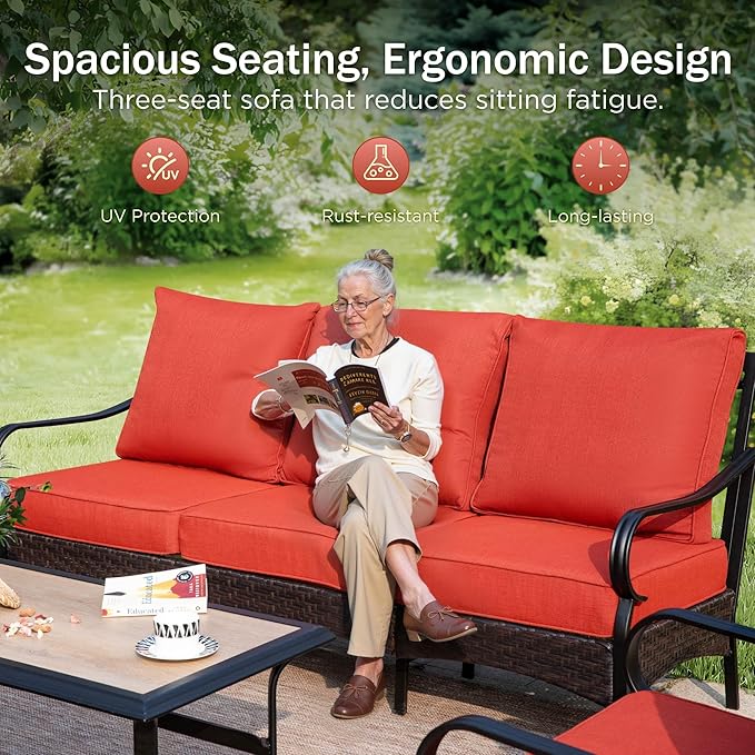 PHI VILLA Patio Furniture Set with 56" Fire Pit Table, Premium Outdoor Wicker Metal Frame Furniture with Upgraded Waterproof Thick Cushions for Porch, Poolside, Deck, and Yard （4 Pieces,Red
