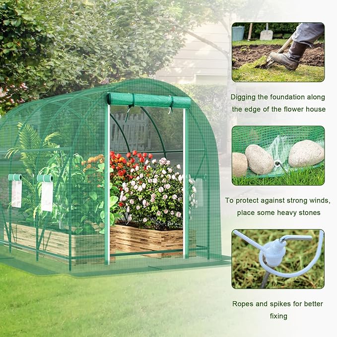 9.8x6.5x6.5 FT Greenhouse, Large Walk-in Green Houses for Outside, Tunnel Greenhouse with Thicken PE Cover with Mesh Door and 6 Ventilation Windows