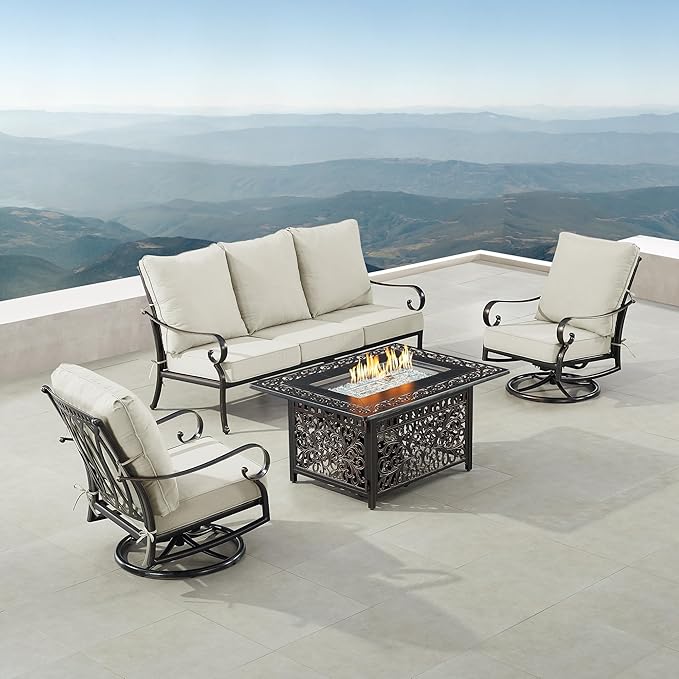 Oakland Living Black Aluminum Patio Fire Table Set with Deep Seating Sofa, Two Club Chairs and Wind Blocker