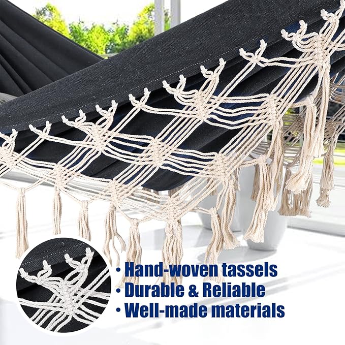 Anyoo Cotton Hammock - Comfortable & Elegant Deluxe Hammock with Tassels - Supports Up to 450lbs - Portable with Travel Bag for Porch, Patio, Yard, Bedroom & Outdoor/Indoor