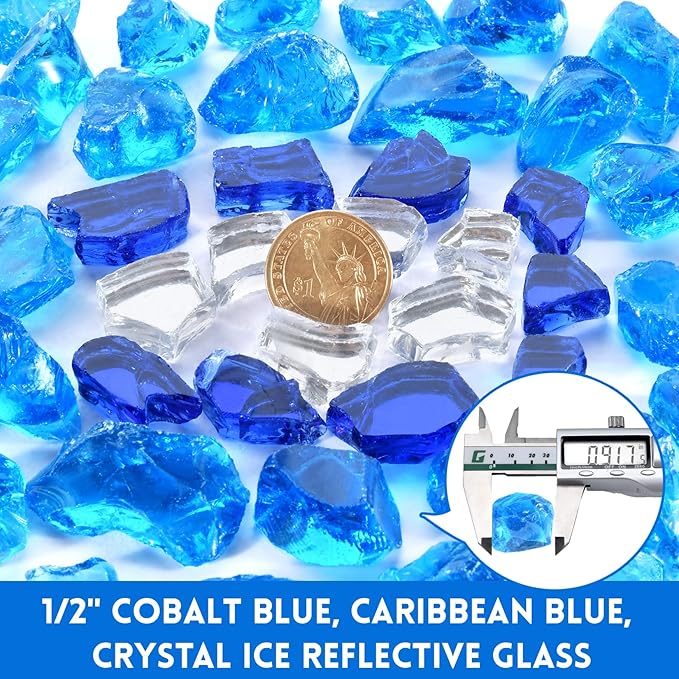 GasSaf 1/2 Inch Fire Glass Reflective Tempered Fireglass Cut Crushed FireGlass for Fire Pit, Fireplace, Replaces Existing Gas Logs(20 Pound)(Cobalt/Caribbean Blue, Crystal Ice Reflective)