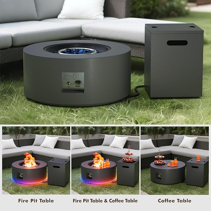 30" Round Propane Fire Pit Table - 50K BTU with Lid, Rocks Tank Storage and Cover - Round Gas Fire Pits for Outside Patio - Outdoor Table with Firepit (Gray/RGB Light, 30" Round)
