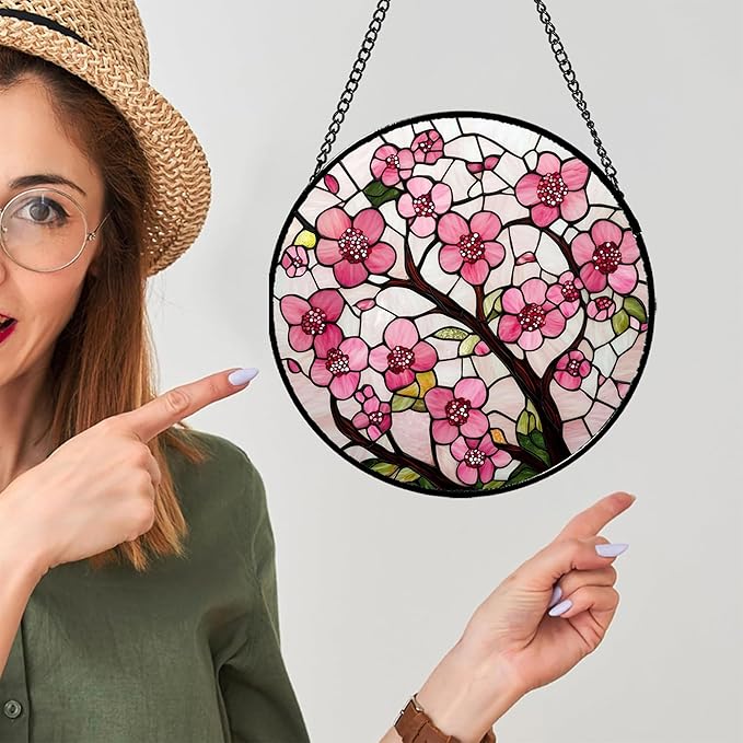 CRISGIF Stained Glass Window Hanging - Cherry Blossoms Birth Flower Suncatcher for Door Garden Patio Sun Catchers Decor Christmas Mother's Day Birthday Gifts for Women Mom Nana Friend Wife 15 in