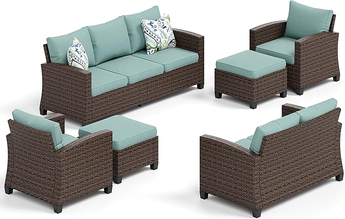 HERA'S HOUSE Wicker Patio Furniture Set, Outdoor Sectional Conversation Sets, 6 Pieces 9 Seats Waterproof Deck Backyard Lawn Furniture, Blue