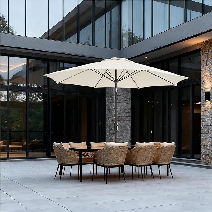 9FT Large Outdoor Patio Umbrella Market Table Umbrella-UV Resistant, Easy Push Button Tilt and Crank, 8 Sturdy Ribs Heavy-Duty Pool Umbrella for Deck, Backyard,Garden,White