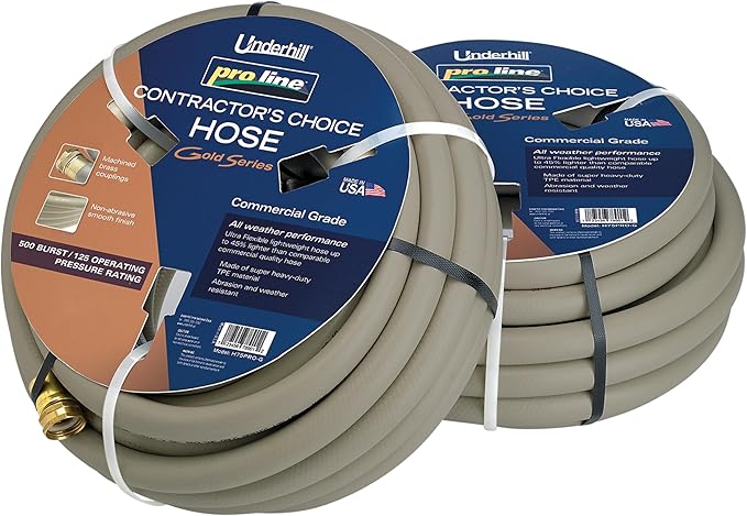 Underhill Proline Gold Series Commercial Garden Water Hose 50 ft, Lightweight, Heavy-Duty, Flexible, Kink Free, Industrial, 500 psi, H75-050PR0-G 3/4" x 50', Gold