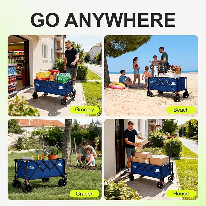 Collapsible Wagon with Wheels,Wagons Carts Foldable Wagon Cart with Flexible Handle, Lightweight Portable Folding Utility Grocery Shopping Cart for Grocery Sports Garden Camping(Blue)