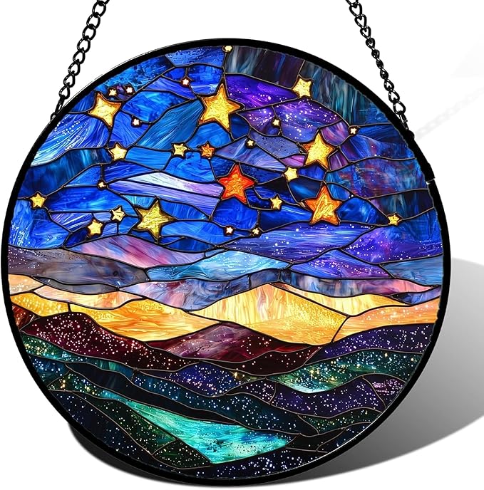 QZQCBLC Colorful Starry Sky Mountain Landscape Suncatcher 9.8" - HD UV Print Stained Glass Window Hanging Sun Catcher Door Garden Home Decor Birthday Mother's Day for Mom Men Woman Nana