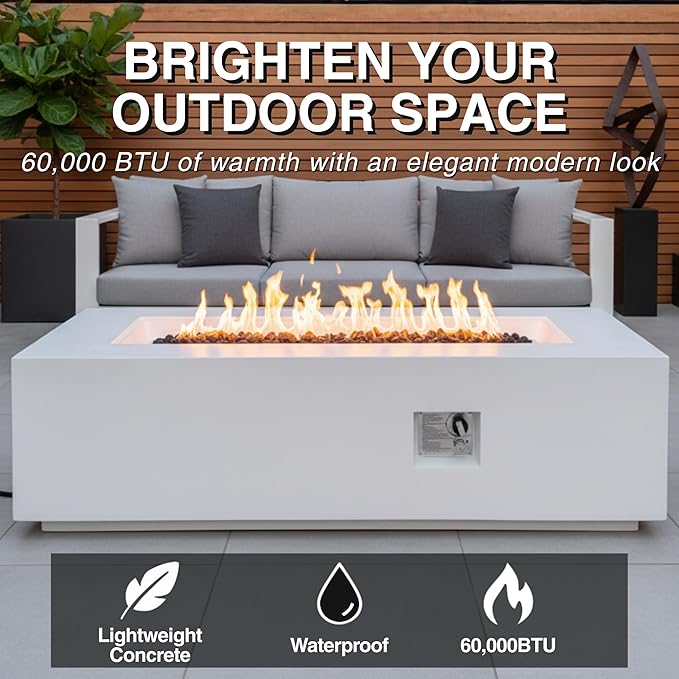 60" MGO Propane Fire Pit Table, 60,000 BTU Rectangular Gas Fire Pit for Outside Patio, Backyard, Pool, Free Lava Rocks & Rain Cover, White