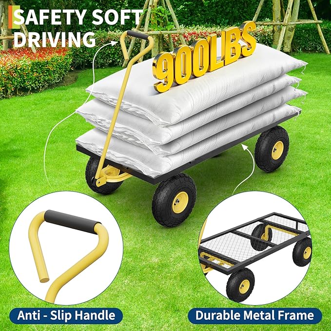 900 LBS Garden Cart with Removable Mesh Sides, Heavy Duty Steel Garden Wagon with Adjustable Handles & 10" Pneumatic Tires, Utility Wagon for Lawn Camping Farm Yard, Black+Yellow