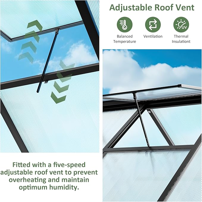 8×12 FT Greenhouse for Outdoors, Quick Setup Polycarbonate Greenhouse with Roof Vent, Walk in Green Houses for Outside for Outdoor Garden Backyard, Black
