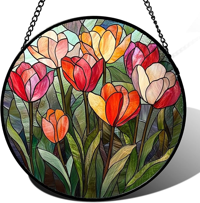 QZQCBLC Stained Glass Window Hanging Red and Pink Tulips Large 15" - Plant Suncatcher Door Garden Flower Sun Catcher Home Decor Birthday Christmas for Mom Woman Wife Friend Nana
