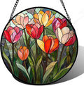 QZQCBLC Stained Glass Window Hanging Red and Pink Tulips Large 15" - Plant Suncatcher Door Garden Flower Sun Catcher Home Decor Birthday Christmas for Mom Woman Wife Friend Nana
