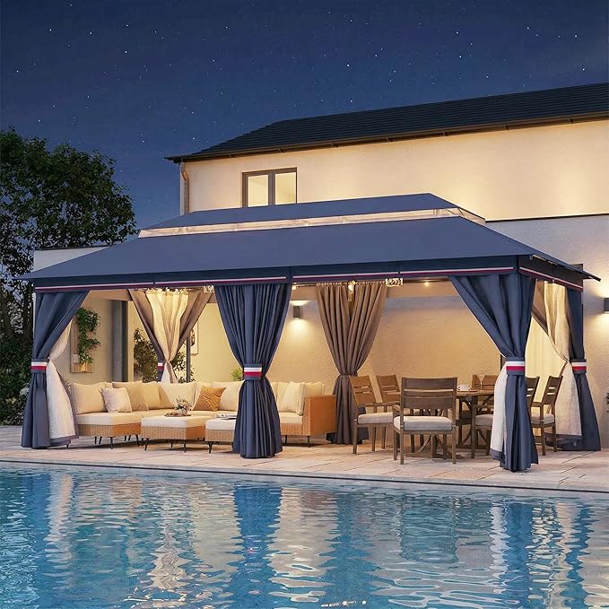 LAUSAINT HOME Outdoor Patio Gazebo 10'x20' with Expansion Bolts, Heavy Duty Party Tent & Shelter with Double Roofs, Mosquito Nettings and Privacy Screens for Backyard (Klein Blue)