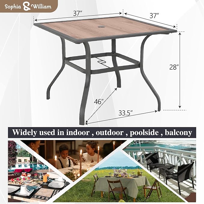 Sophia & William Square Patio Dining Table with 1.57" Umbrella Hole, Outdoor Table with Imitation Wood Tabletop and Brown Metal Steel Frame, for Lawn Garden Backyard, L37 X W37 X H28