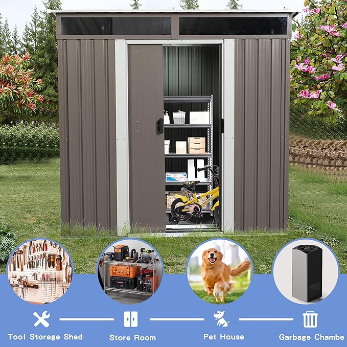 Favfurish 6Ft x 5Ft Outdoor Metal Storage Shed, Weatherproof Garden Shed with Double Sliding Doors and Padlock, Transparent Plate, Punched Vents, Utility Tool House for Lawn Backyard, Gray