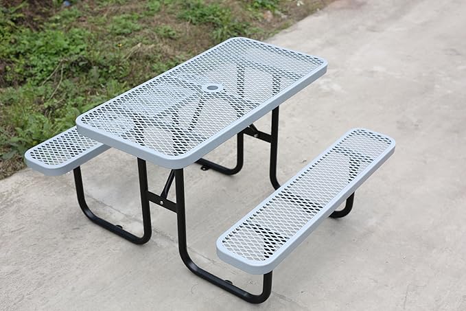 HIMcup 48'' Rectangular Steel Picnic Table for Outdoors,Commercial Metal Picnic Table Bench Set with Umbrella Hole,School Canteen Table W/Seats - Heavy Duty Sturdy Picnic Tables for Patio Garden