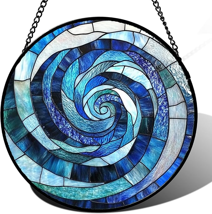 CRISGIF Stained Glass Window Hanging - Blue Abstract Swirl Suncatcher for Doors Garden Patio Unique Sun Catchers Decor Christmas Mother's Day Birthday Gifts for Women Men Mom Nana Friend 6.3 in