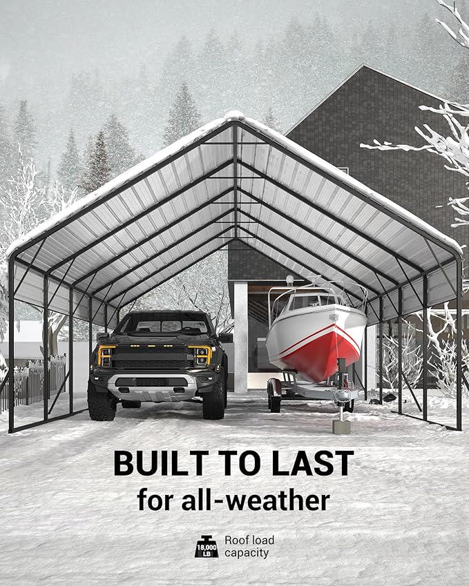 Garveelife 20'x25'x13' Metal Carport for 2 Cars, Heavy Duty Car Ports for Heavy Snow, Reinforced Frame, Tall Metal Car Ports for Bass Boats, Full-Sized Pickup Trucks, and Tractors, N.W. 980 Lbs