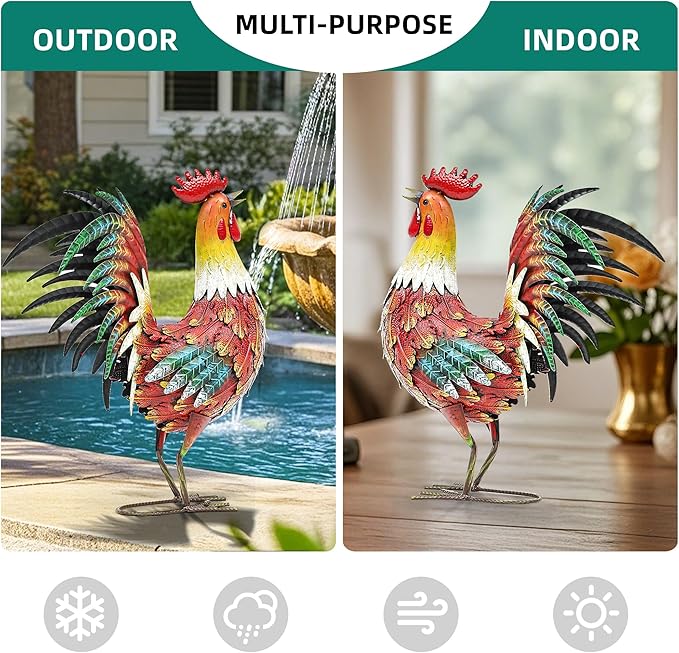 Ultym 21in Metal Rooster Yard Decor, Outdoor Garden Statues, Metal Chicken Sculpture for Backyard Garden Patio Kitchen Décor