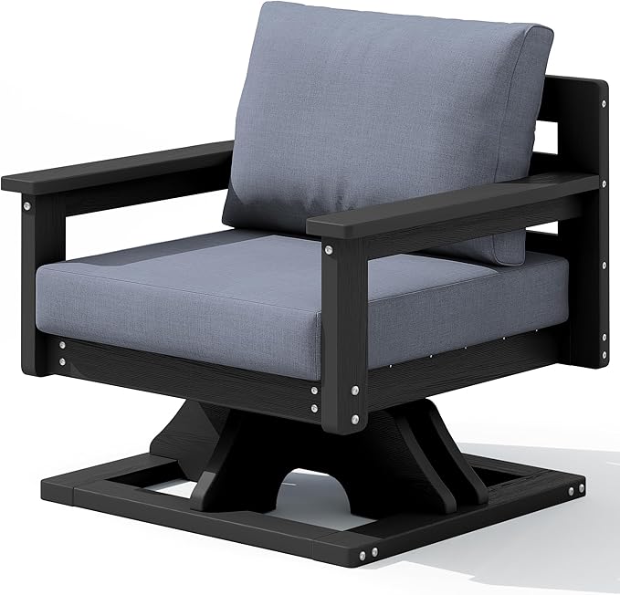 SERWALL Outdoor Swivel Chairs, HDPE All-Weather Patio Swivel Sofas with Thick Cushions for Porch, Balcony, Black Frame with Gray Cushions