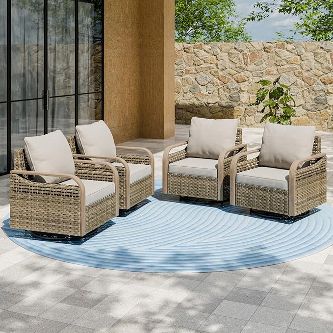 EAGLE PEAK Modern Wicker Outdoor Glider Rocking Chair, Swivel Rocker, Rattan Patio Furniture for Yard Deck Porch Garden, 4 Chairs, Brown/Gray