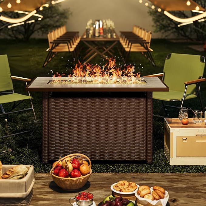 Gizoon 45" Gas Fire Pit Table, Propane Fire Pit with Glass Rocks, Waterproof Cover and Pe Rattan, Outdoor Patio Fire Pits for Backyard, Garden, Party