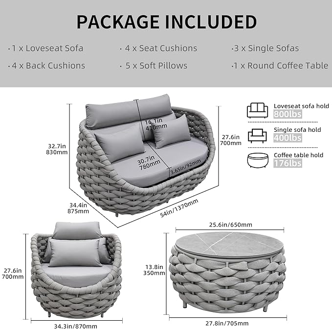 TWT 5 Pieces Patio Furniture Set, Outdoor Rope Conversation Sectional Patio Sofa with 5 Seater for Backyard, Porch, Modern Armchairs with Thickness Cushions and Side Table, Light Grey