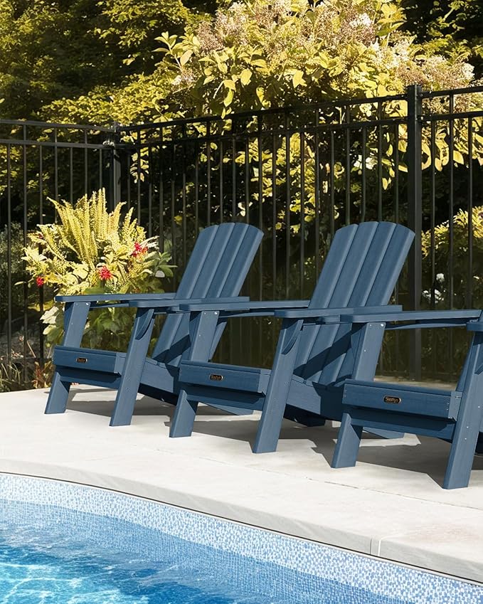 Folding Adirondack Chair 1 Pack, HDPE All-Weather Fire Pit Chairs, Plastic Adirondack Chairs with 2 Cup Holder, Outdoor Lawn Chair for Patio Garden (New Blue)