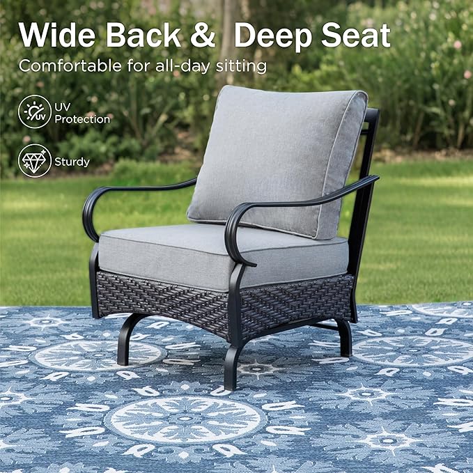 PHI VILLA Patio Furniture Set with 56" Fire Pit Table, Premium Outdoor Wicker Metal Frame Furniture with Upgraded Waterproof Thick Cushions for Porch, Poolside, Deck, and Yard （4 Pieces,Grey