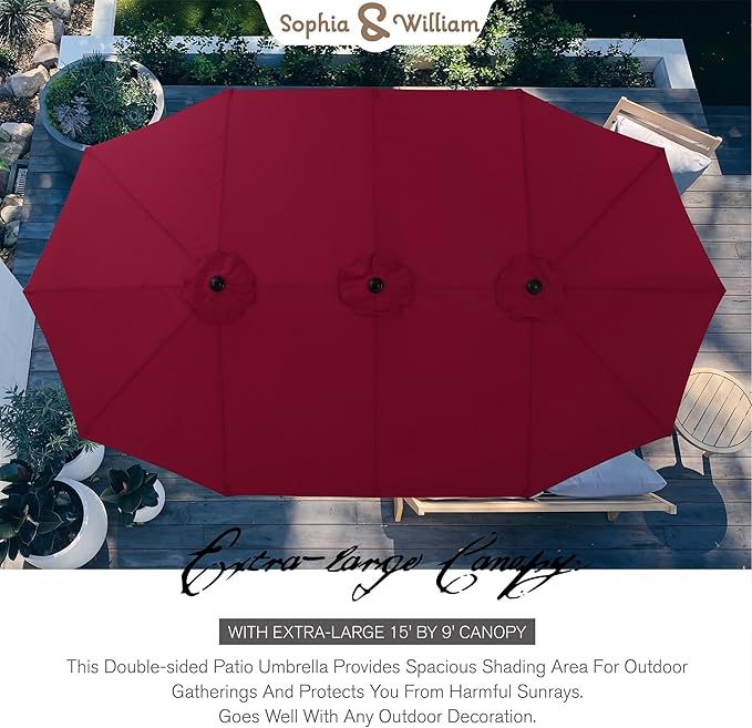 Sophia & William 15 ft Extra Large Patio Umbrella with Solar Lights, Rectangular Outdoor Umbrella with Base Included, Market Umbrella Double-sided Heavy Duty for Pool Garden Backyard, Burgundy