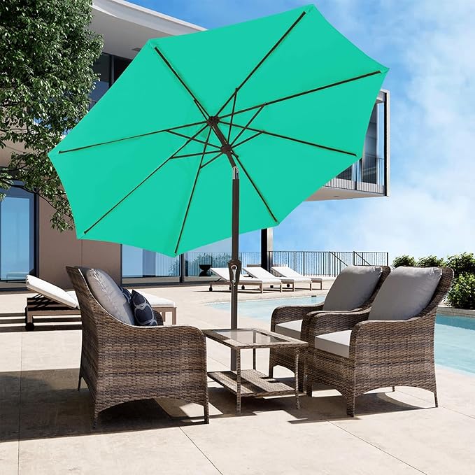 JEAREY 9FT Outdoor Patio Umbrella Outdoor Table Umbrella with Push Button Tilt and Crank, Market Umbrella 8 Sturdy Ribs UV Protection Waterproof for Garden, Deck, Backyard, Pool (Bright Teal)