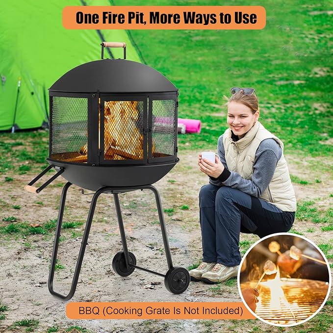 Tangkula Portable Fire Pit with Wheels, 28 Inch Wood Burning Fire Pit with Log Grate, Poker, Rolling Patio Fireplace Wooden Bonfire Firepit for Outdoor Entertaining Black
