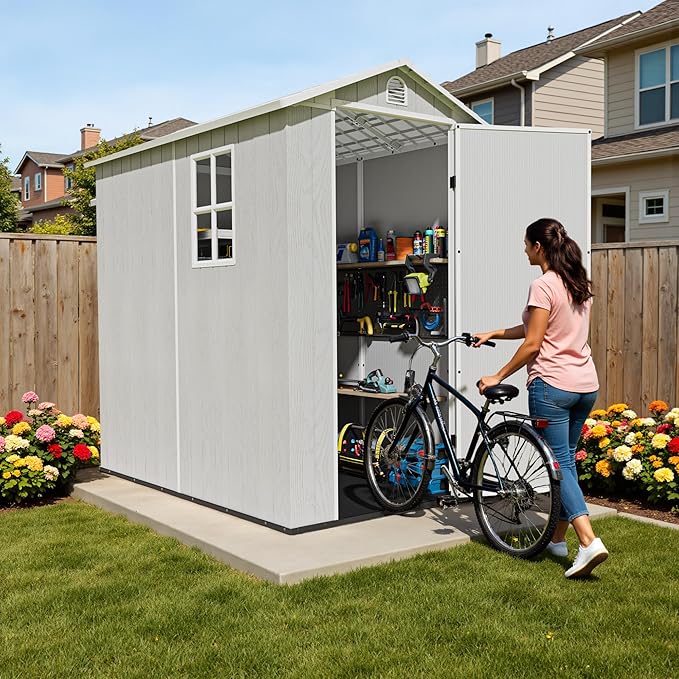 Devoko 4x6 FT Outdoor Storage Plastic Shed, Waterproof Resin Garden Shed with Lockable Door, Floor & Window, All-Weather Tool Shed for Backyard, Patio, Lawn, Poolside