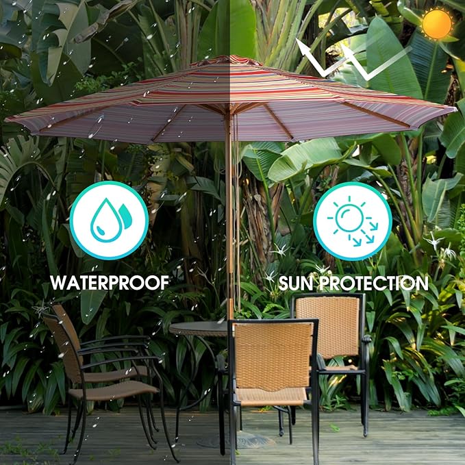 9ft Bamboo Umbrella, Outdoor Patio Umbrella, Waterproof Market Umbrella, 8 Ribs Table Umbrella with Pulley Lift for Garden, Deck, Pool, lawn, Backyard