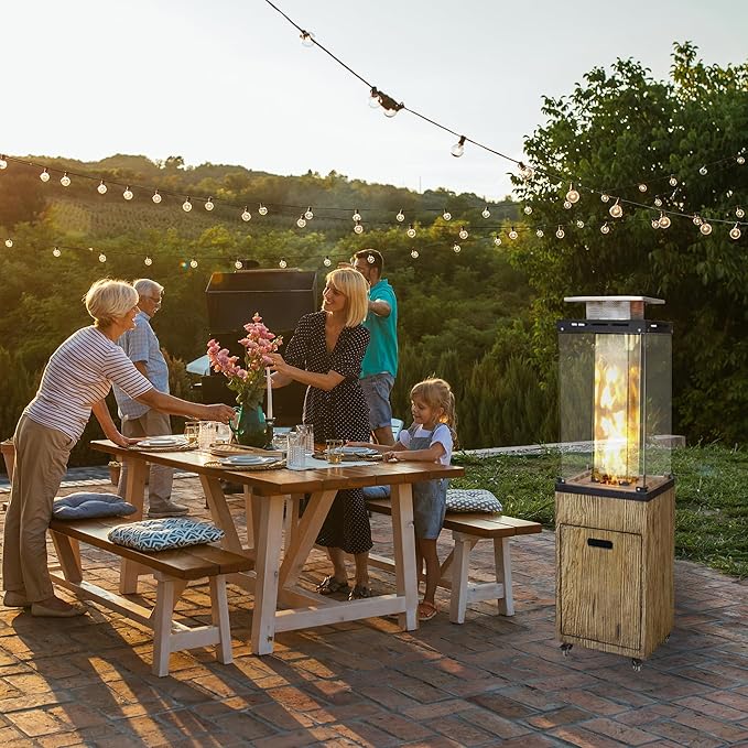 Afterglow Outdoor Patio Propane Fire Heater with Weather Cover Glass 41000 BTU Fireplace Patented & CSA Certificated, Wood Grain Brown