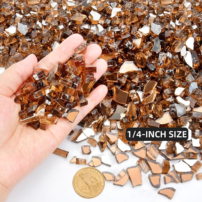 GasSaf 1/4 Inch Fire Glass Reflective Tempered Fireglass Cut Crushed FireGlass for Fire Pit, Fireplace, Replaces Existing Gas Logs & Lava Rocks (20 Pound)(Amber Reflective)