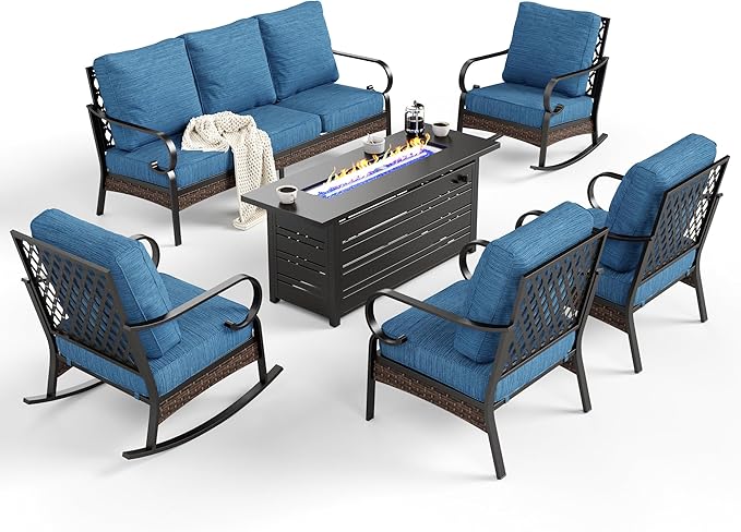 SUNSHINE VALLEY 6 Piece Black Metal Outdoor Patio Furniture Sets with Firepit Table, Patio Conversation Set 1 3-Seater Sofa, 2 Leg Sofa and 2 Rocking Chair with 5.75" Cushion for Backyard Deck, Blue-2