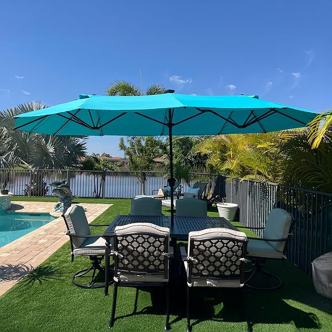 PURPLE LEAF 13ft Patio Market Umbrella with Base Double-Sided Rectangle Outdoor Table Sun Umbrellas with Crank 12 Heavy Duty Sturdy Ribs for Pool Beach Deck Backyard Turquoise Blue