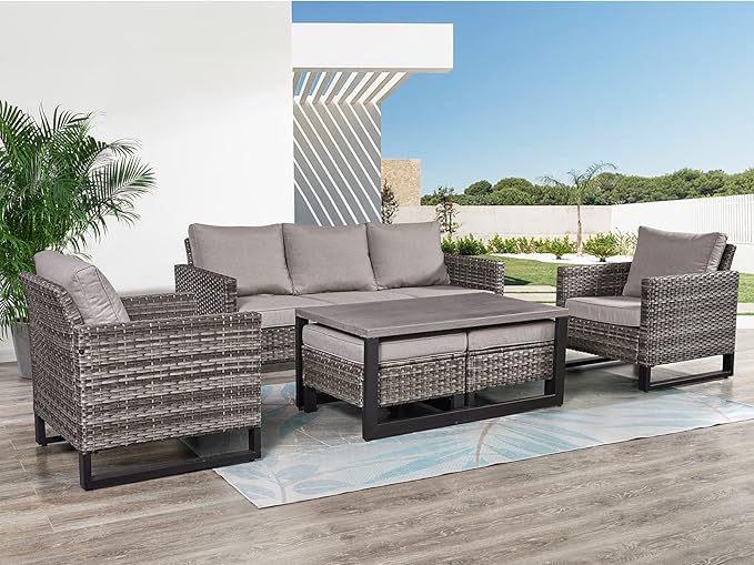 HUMMUH 6 Piece Patio Furniture All Weather Wicker Outdoor Sectional Sofa,High Back Patio Chairs,Coffee Table and Ottomans Set for Porch,Garden,Backyard